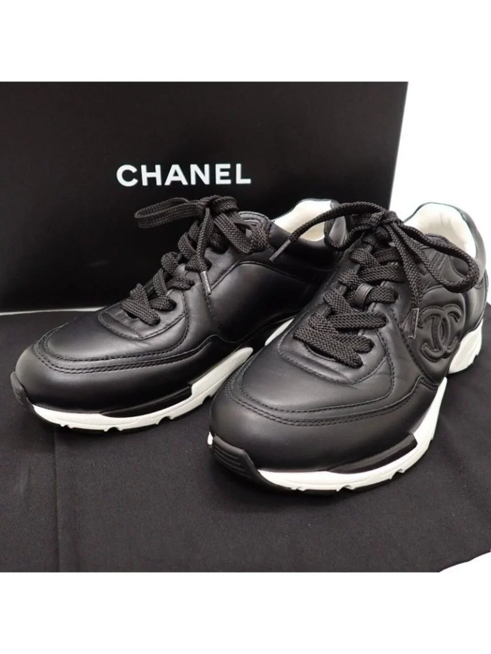 Chanel CC Leather Sneakers CC Logo with Boxes..0 Shoes Calfskin Suede Black 36